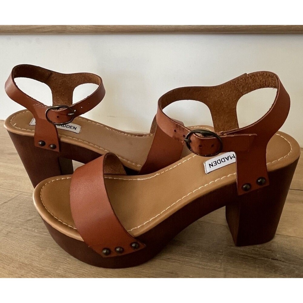 Steve Madden Luna Platform Wooden Clog Ankle Strap Heeled Sandals Size 9 Brown - Picture 10 of 12